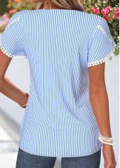 Striped Patchwork Blue Short Sleeve Split Neck T Shirt