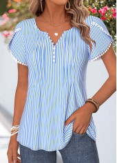 Striped Patchwork Blue Short Sleeve Split Neck T Shirt