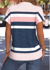 Geometric Print Split Pink Short Sleeve Blouse