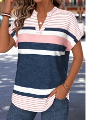 Geometric Print Split Pink Short Sleeve Blouse