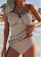 Mid Waisted Plaid Frill Light Coffee Tankini Set
