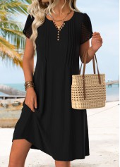 Tuck Stitch Black Short Split Neck Dress
