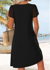 Tuck Stitch Black Short Split Neck Dress