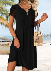 Tuck Stitch Black Short Split Neck Dress