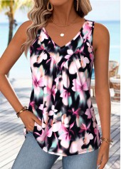 Floral Print Shirred Multi Color Sleeveless Tank Top