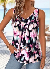 Floral Print Shirred Multi Color Sleeveless Tank Top