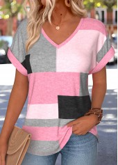 Geometric Print Tummy Coverage Pink Short Sleeve T Shirt