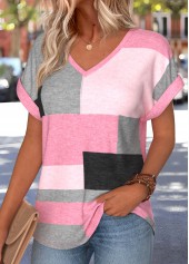 Geometric Print Tummy Coverage Pink Short Sleeve T Shirt