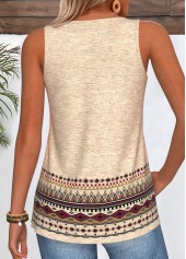 Tribal Print Curved Hem Light Camel Sleeveless Tank Top