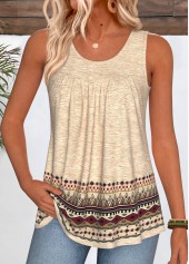 Tribal Print Curved Hem Light Camel Sleeveless Tank Top