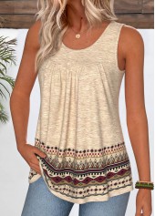 Tribal Print Curved Hem Light Camel Sleeveless Tank Top