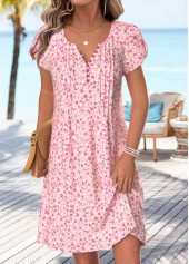 Ditsy Floral Print Tuck Stitch Light Pink Short Dress