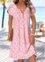 Ditsy Floral Print Tuck Stitch Light Pink Short Dress