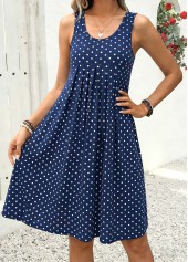 Polka Dot Pleated Navy A Line Sleeveless Dress