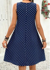 Polka Dot Pleated Navy A Line Sleeveless Dress
