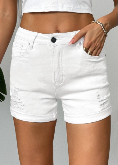 Stretch White Skinny Button Fly Mid Waisted Shorts