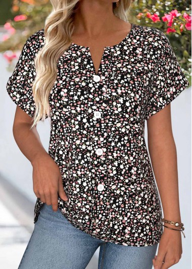 Ditsy Floral Print Tummy Coverage Black Short Sleeve Blouse Ditsy Floral Print Tummy Coverage Black Short Sleeve Blouse