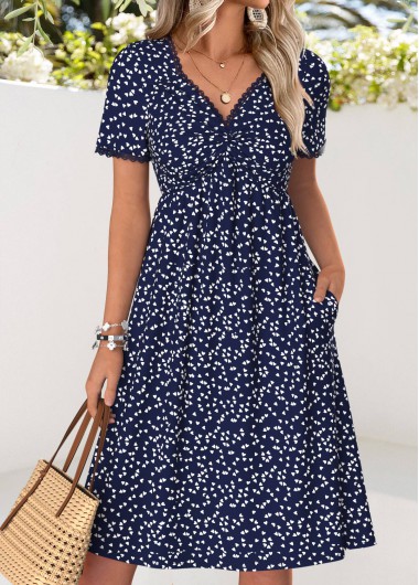 Heart Print Twist Navy Short Sleeve V Neck Dress