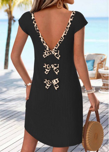 Leopard Bowknot Black Short V Neck Dress