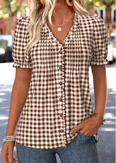 Plaid Frill Dark Coffee Short Sleeve T Shirt