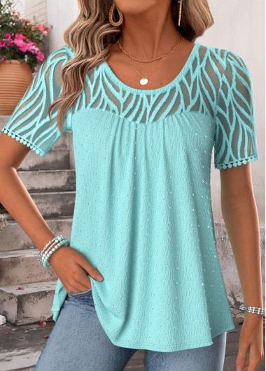 Patchwork Cyan Short Sleeve Scoop Neck T Shirt