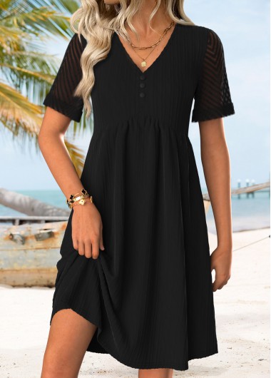 Shirred Black Short V Neck Dress