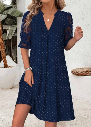 Shirred Navy Short Half Sleeve Split Neck Dress