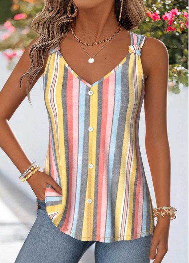 Multi Stripe Print Curved Hem Sleeveless Tank Top