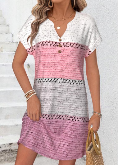Geometric Print Tummy Coverage Pink Short Split Neck Dress