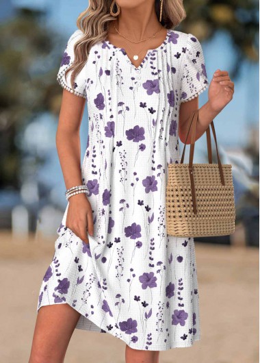 Floral Print Tuck Stitch White Short Split Neck Dress
