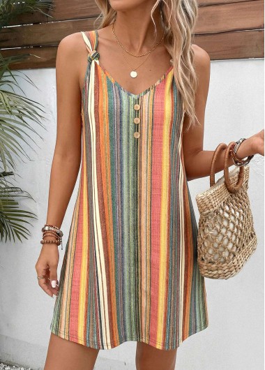 Striped Twist Multi Color Short Strappy V Neck Dress