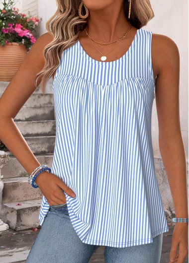 Striped Curved Hem Blue Sleeveless Scoop Neck Tank Top