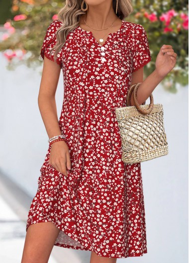 Ditsy Floral Print Tuck Stitch Red Short Dress