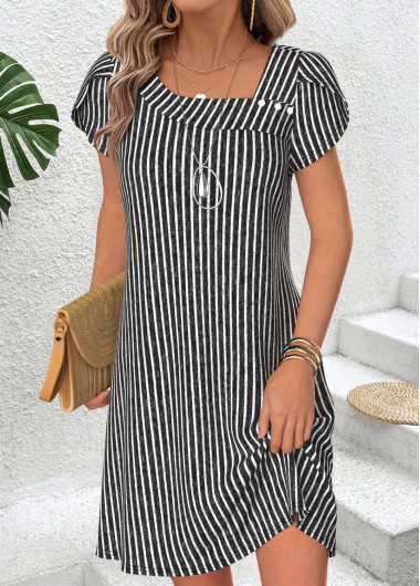 Striped Asymmetry Black Short Asymmetrical Neck Dress