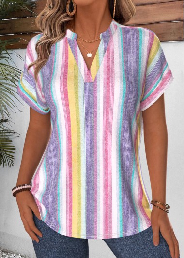 Striped Curved Hem Multi Color Short Sleeve Blouse