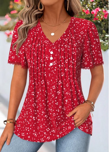 Polka Dot Curved Hem Red Short Sleeve T Shirt