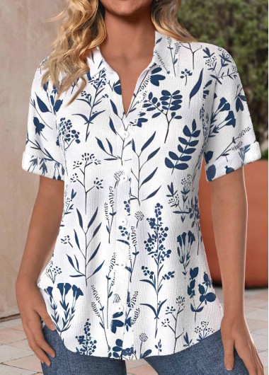 Leaf Print Tummy Coverage Navy Short Sleeve Blouse
