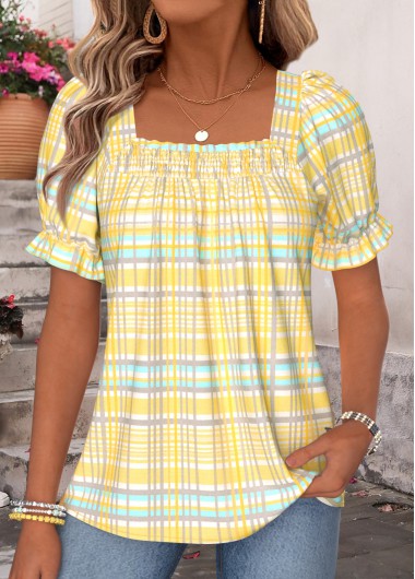 Plaid Curved Hem Yellow Short Sleeve Square Neck Blouse