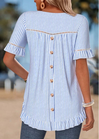 Striped Frill Blue Short Sleeve Round Neck T Shirt