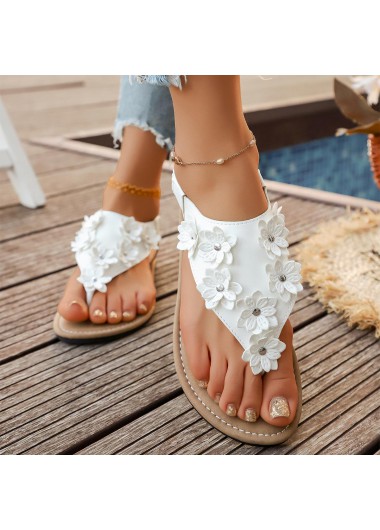 White Floral Toe Post Falt Sandals