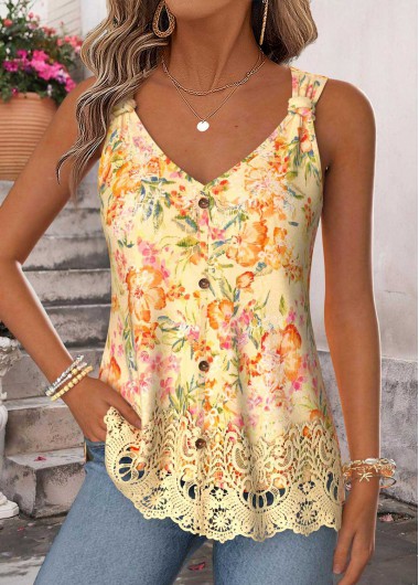 Floral Print Curved Hem Yellow Sleeveless Tank Top