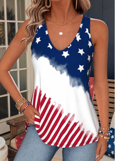 American Flag Blue Sleeveless V Neck Tank Top