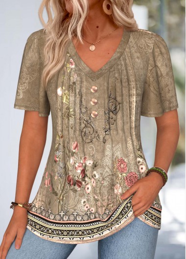 Random Floral Print Curved Hem Dark Camel T Shirt