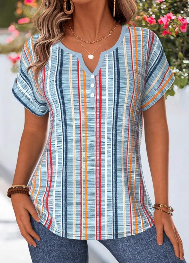 Multi Stripe Print Tummy Coverage Dusty Blue Blouse
