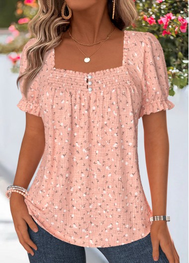 Ditsy Floral Print Smocked Dusty Pink Short Sleeve Blouse