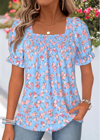 Ditsy Floral Print Smocked Light Blue Short Sleeve Blouse