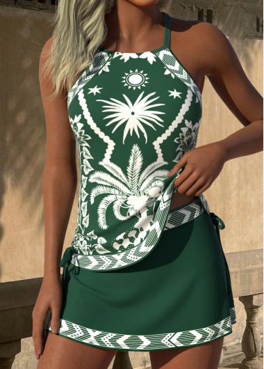 Mid Waisted Tropical Plants Print Tummy Coverage Tankini Set