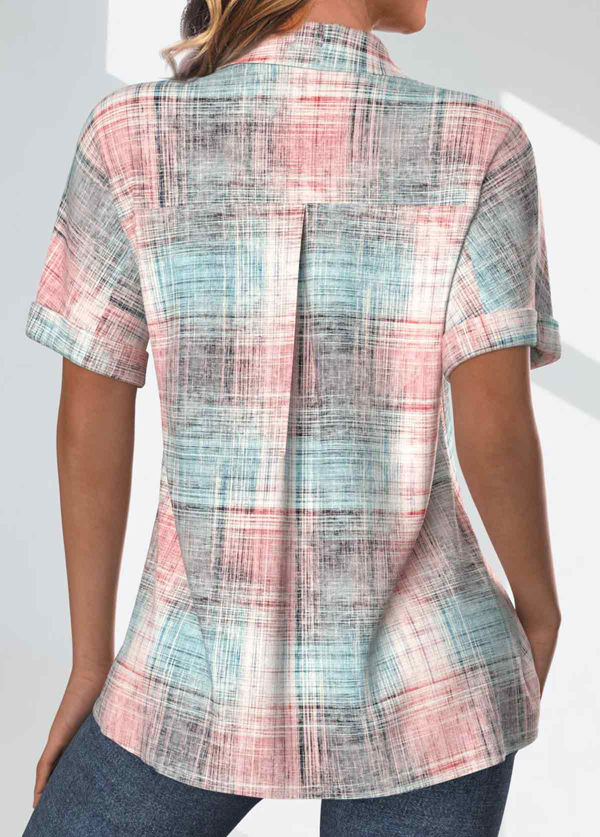 Plaid Pocket Light Pink Short Sleeve Shirt Collar Blouse