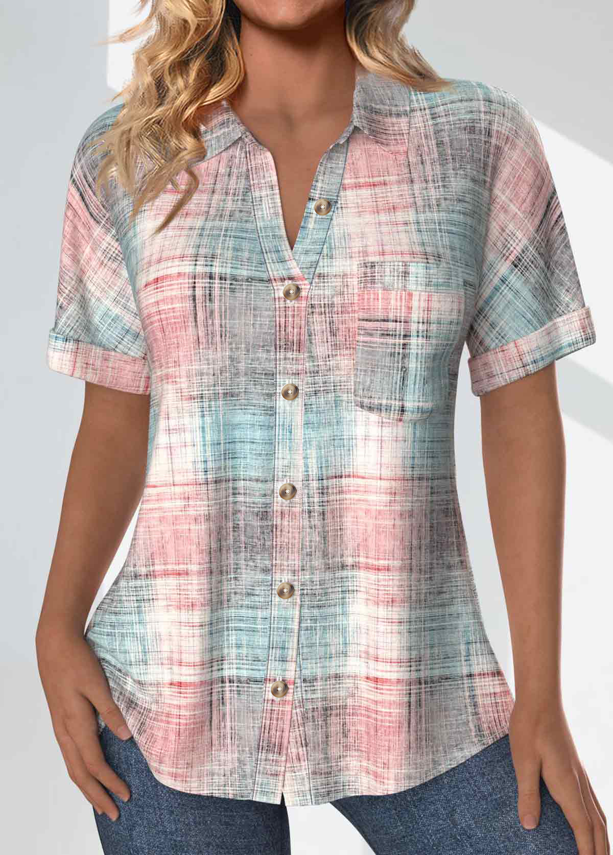 Plaid Pocket Light Pink Short Sleeve Shirt Collar Blouse