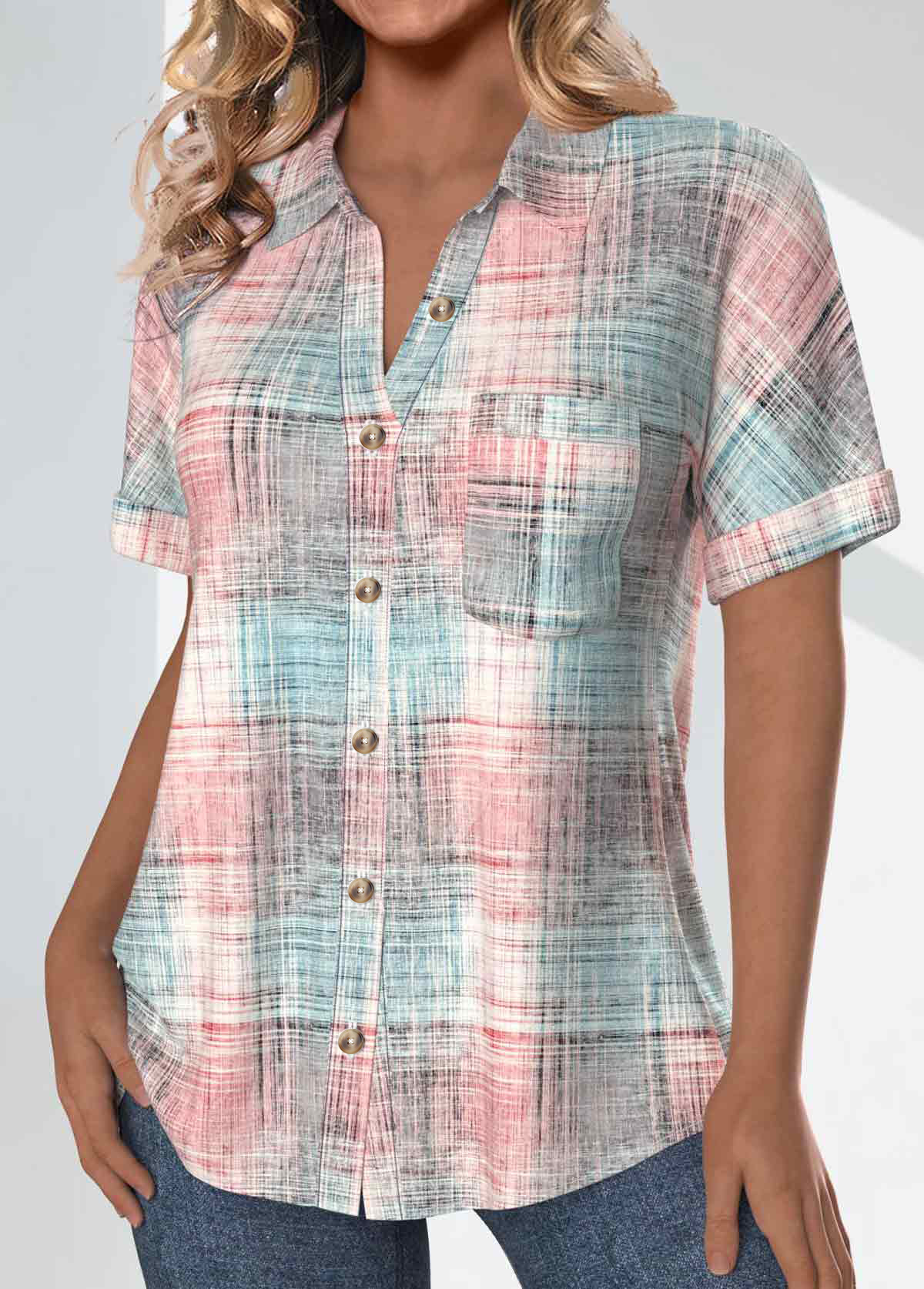 Plaid Pocket Light Pink Short Sleeve Shirt Collar Blouse